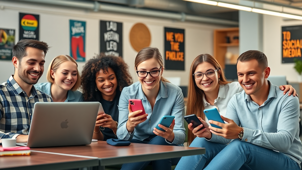 Diverse social media managers increasing brand awareness across digital platforms