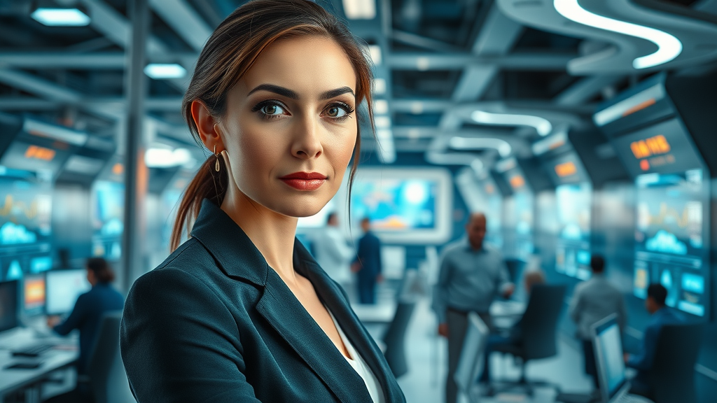 confident female fractional marketing executive overseeing modern tech office