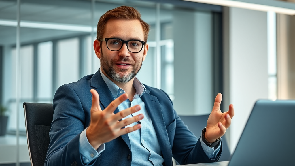SEO expert giving advice on effective on-page SEO, modern office, actionable tips, executive boardroom
