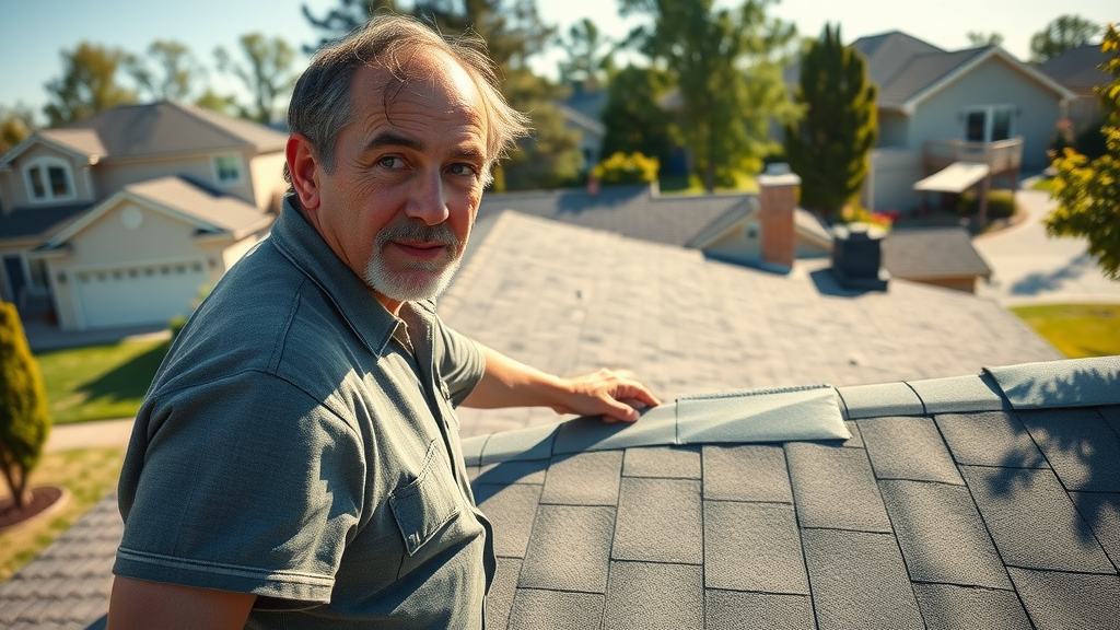 homeowner inspecting suburban home roof for roofing damage, vibrant colors, photorealistic