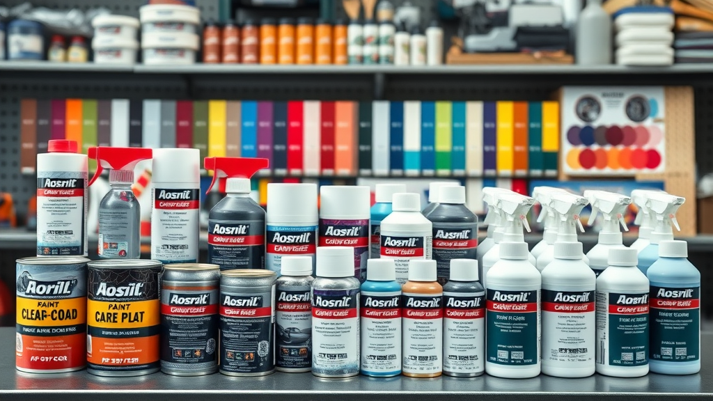 array of automotive refinishing products, paint cans, clear coats, color cards in workshop
