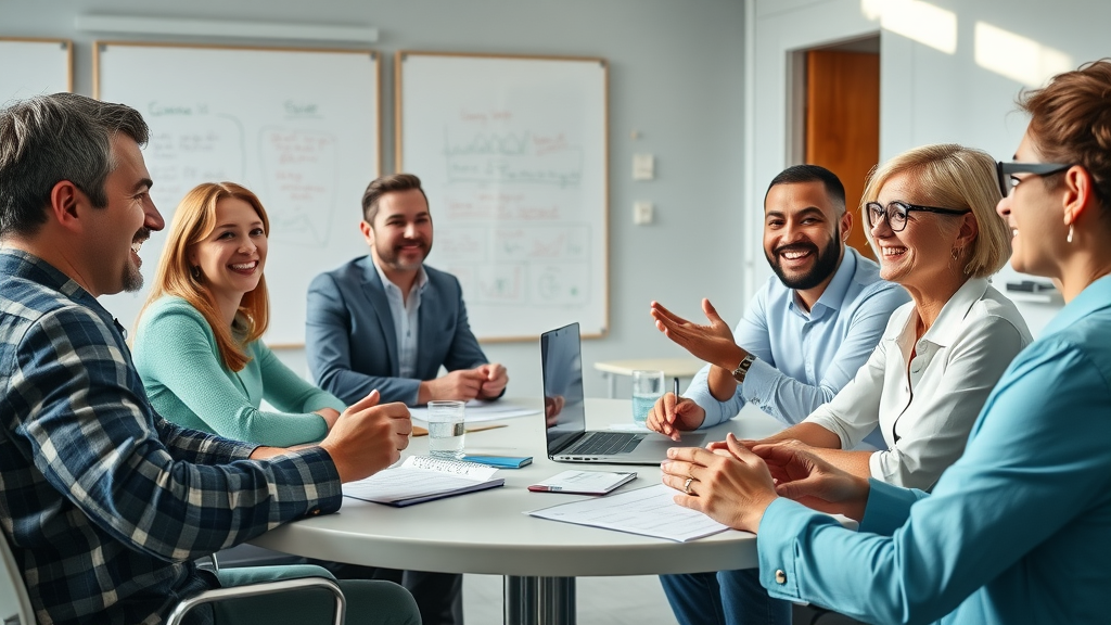Group of business coaches sharing key takeaways in a roundtable discussion on profit acceleration coaching success
