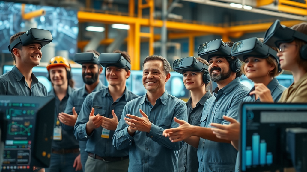 diverse team of shipyard workers in digital training environment, interacting with VR and AI training modules
