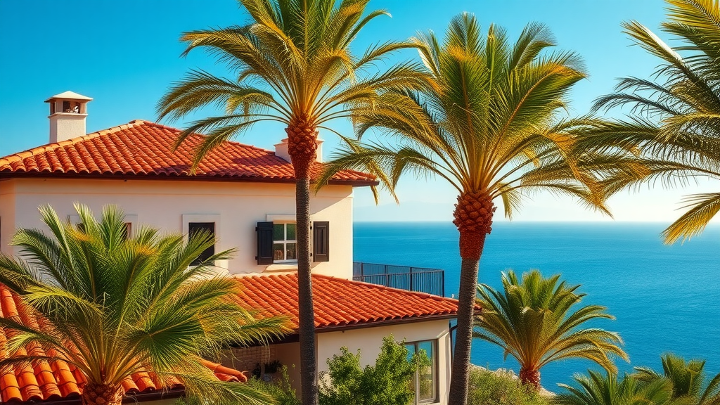Mediterranean coastal house with red clay tile roof, tile roof materials types of roofs, palm trees and ocean