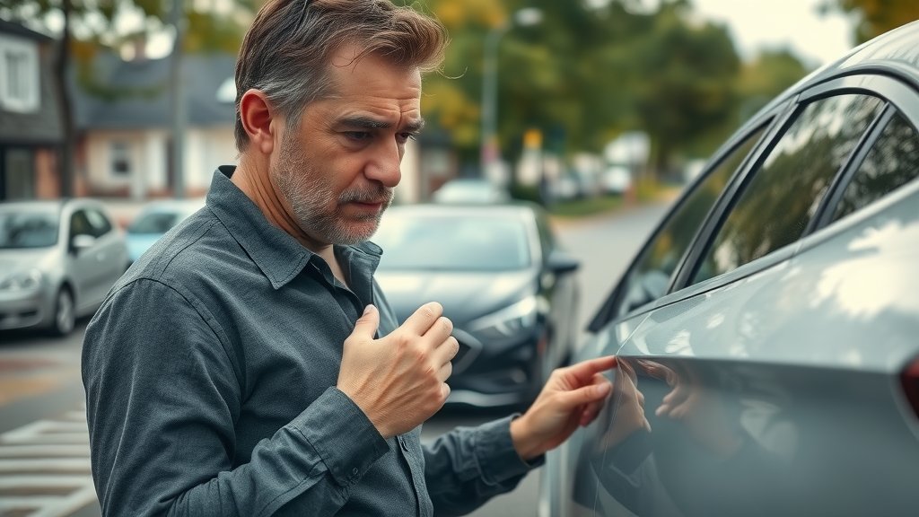 Vehicle damage assessment: concerned car owner examining a damaged silver sedan for car damage on suburban street