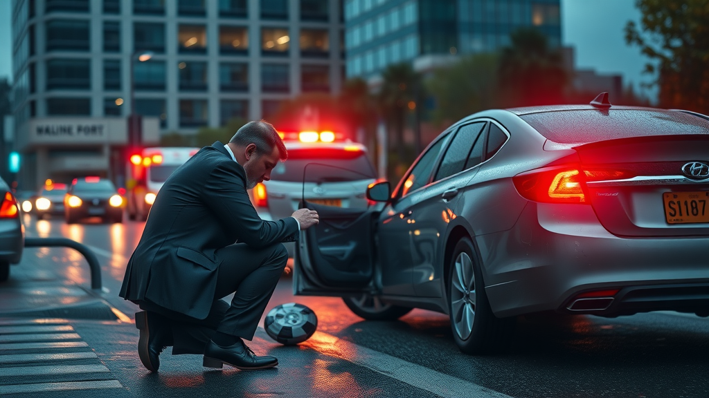 Auto accident attorney aids driver after crash at busy city intersection.
