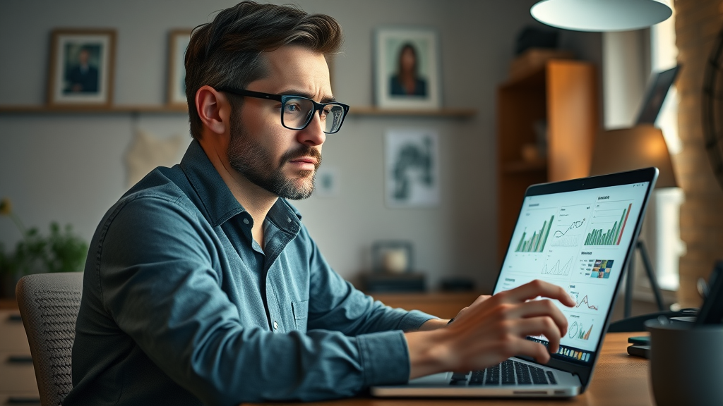 Entrepreneur in Phoenix analyzing marketing charts on laptop and reviewing target audience data to avoid common marketing mistakes