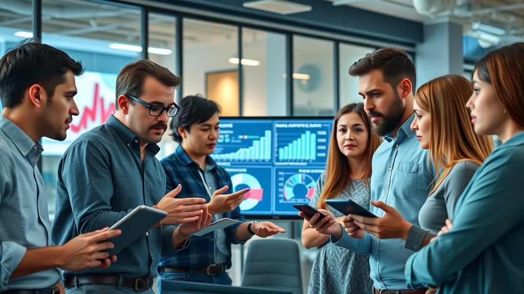 digital marketers around high-tech devices discussing media channel data and graphs with digital marketing analytics on screens