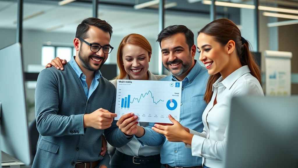 search engine optimization professionals analyzing web traffic statistics in a modern office, teamwork, digital screens with graphs