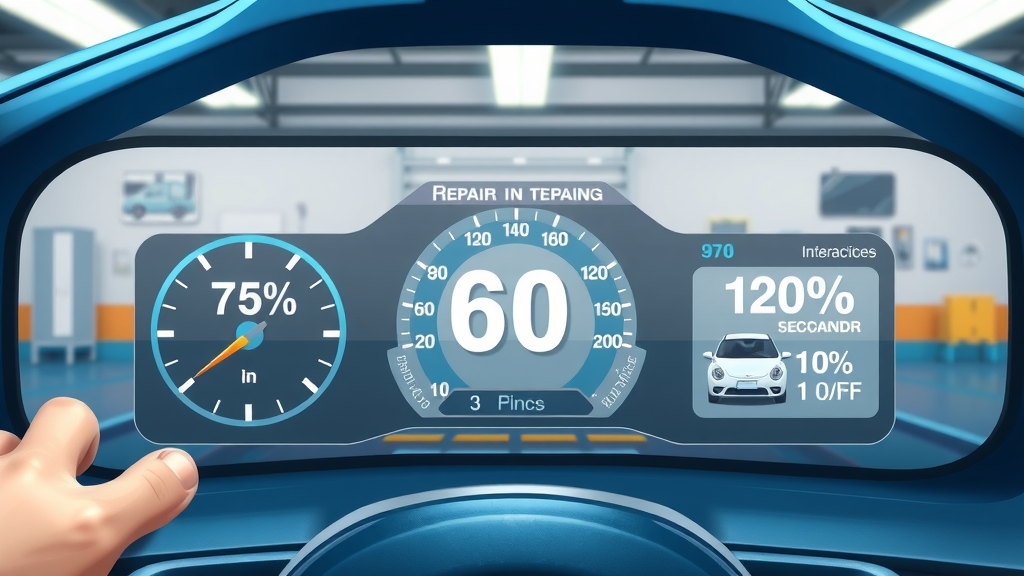 infographic illustrating auto body repair statistics, digital dashboard showing vehicle repair percentages, clean 2D cartoon auto garage, blue and silver tones, wide-angle digital lens