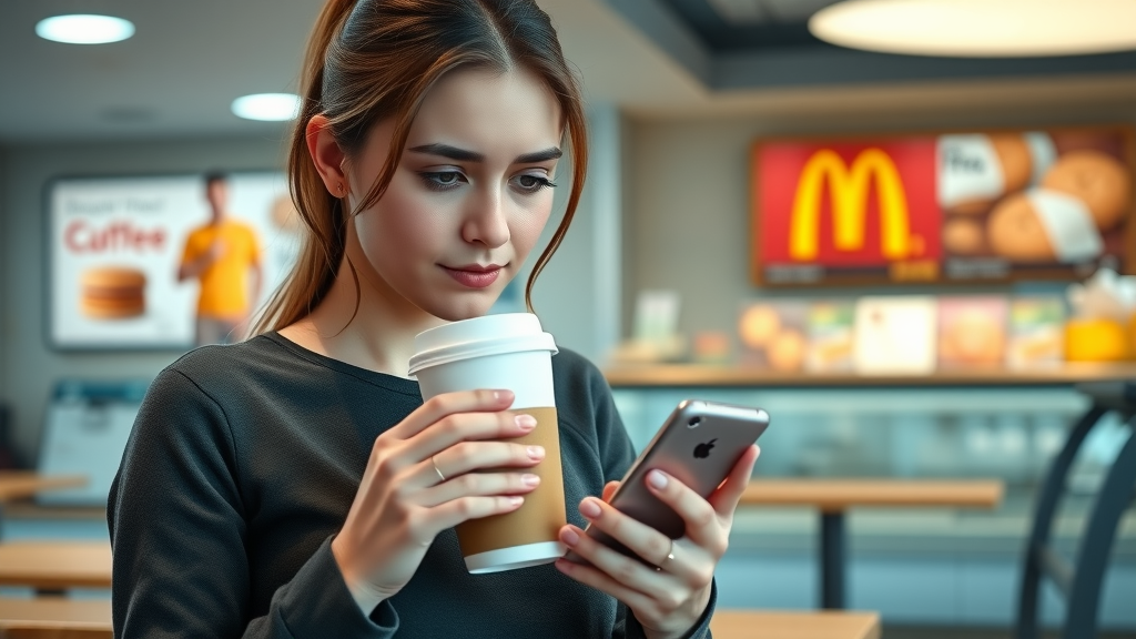 Thoughtful young woman holding coffee, looking at empty McDonald’s pastry display, reflecting consumer disappointment after Krispy Kreme split.