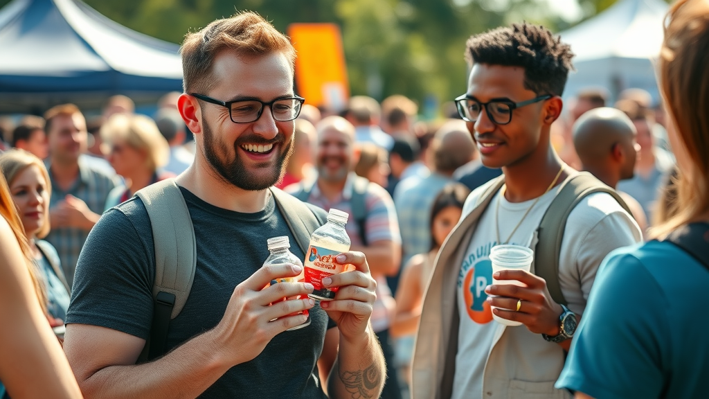 Customers engaging with successful promotional product campaign at outdoor event