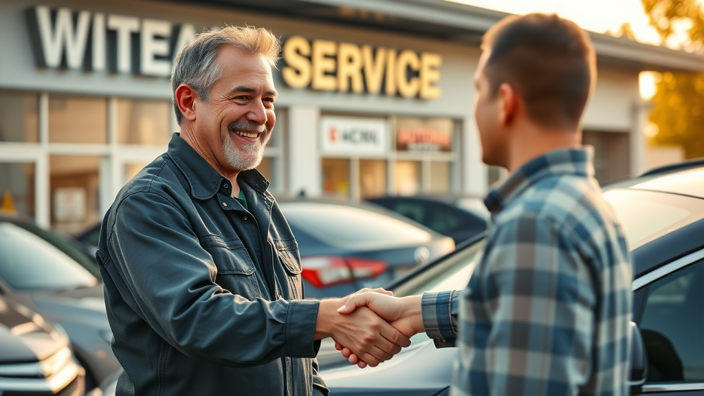 Auto repair shop owner recommending trustworthy car maintenance to customer.