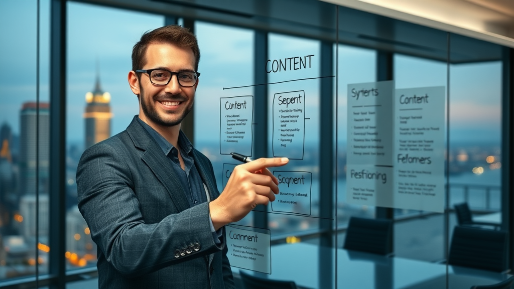professional marketing strategist planning content strategy on glass board, city skyline, content marketing strategy