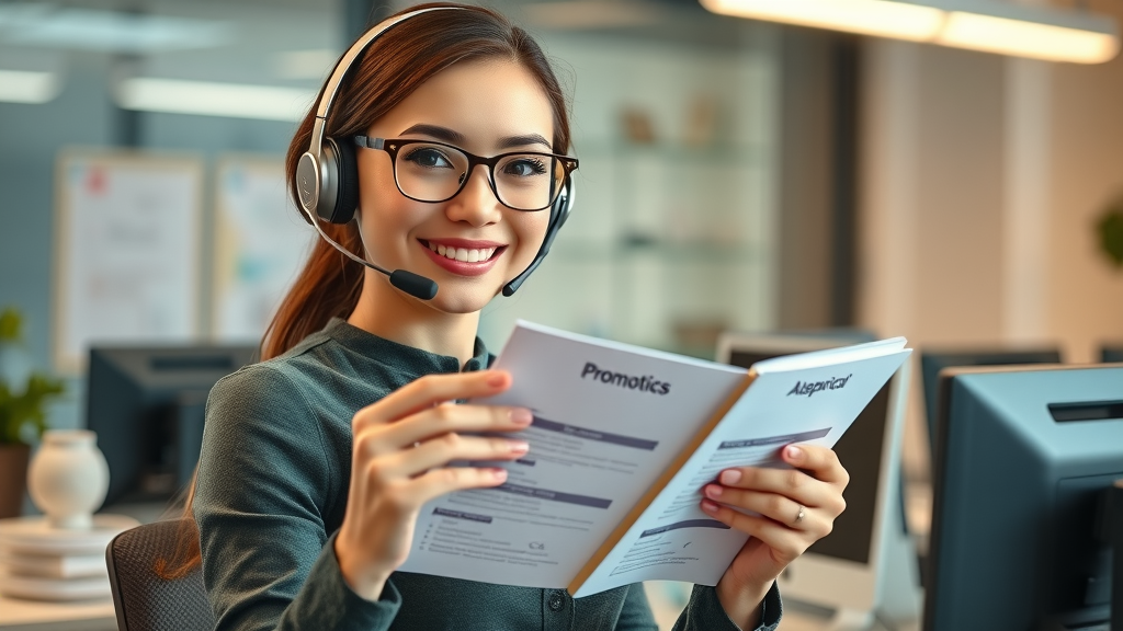 Customer service representative answering questions about promotional products guide