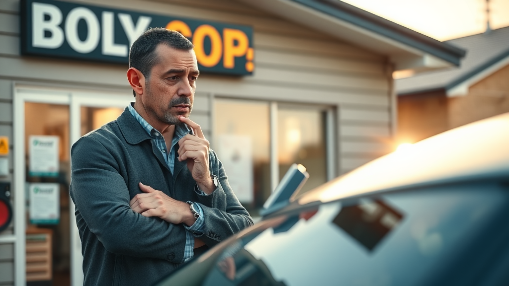 confident car owner vehicle inspection with advisor at body shop