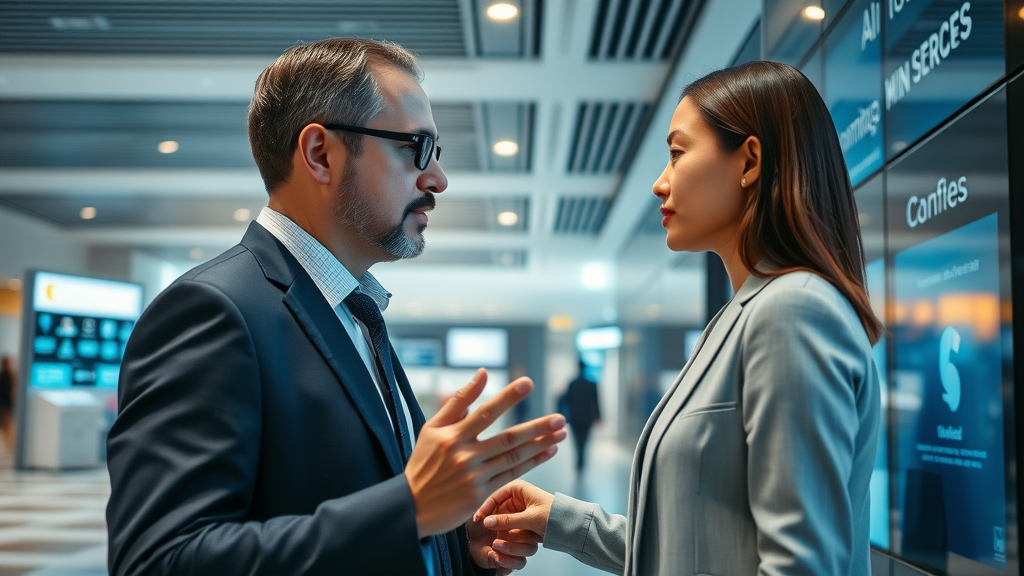 Customer receives instant support via interactive AI kiosk in a financial institution, highlighting ai voice agent use in banking