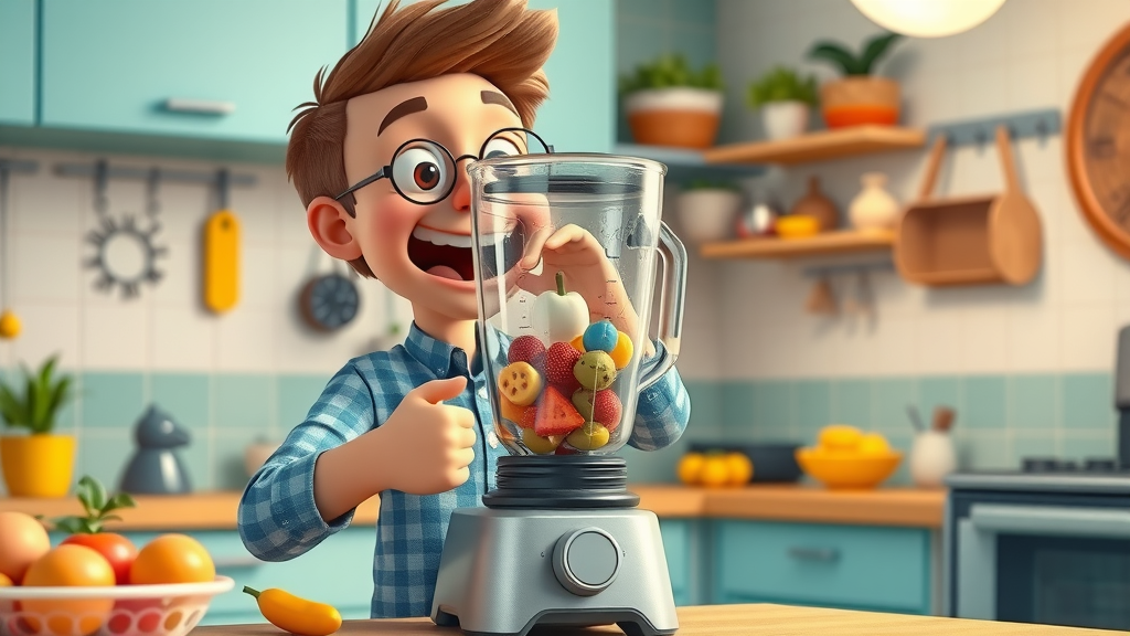 Playful, modern kitchen scene featuring a person blending unusual items, excited and curious, operating a high-tech blender, 2D Cartoon, colorful kitchen with kitchen gadgets and playful decor, highly detailed, animated objects blending, vivid colors, natural ambient lighting, shot with a 35mm camera lens. Blendtec explainer video ad.
