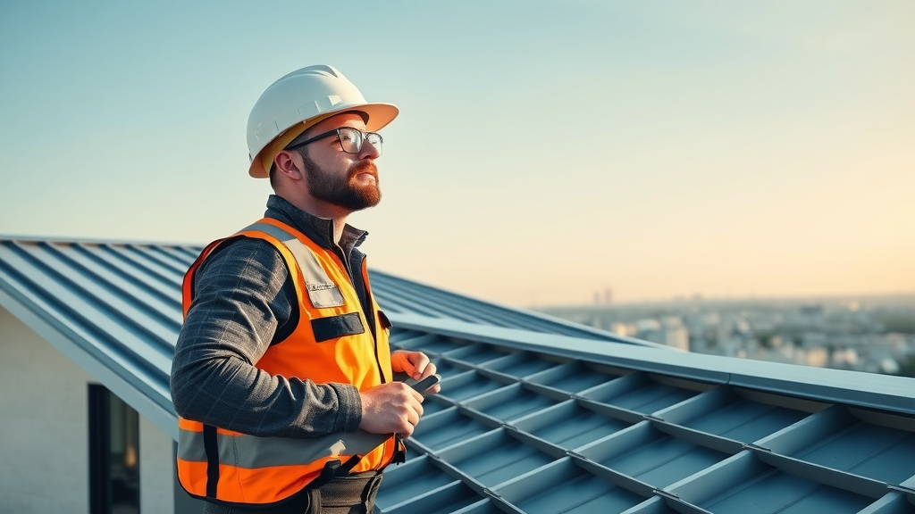 sleek modern home displaying bold metal roof panels and a roofing professional inspecting the installation with a distant cityscape in the background.