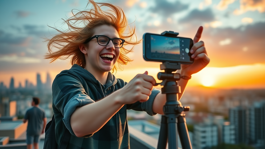 young content creator recording a story video for social media at sunset