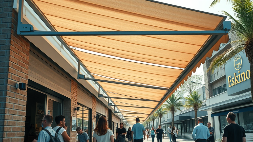 modern business storefront with innovative awnings providing shade in a hot climate, full sun, business surviving summer heat