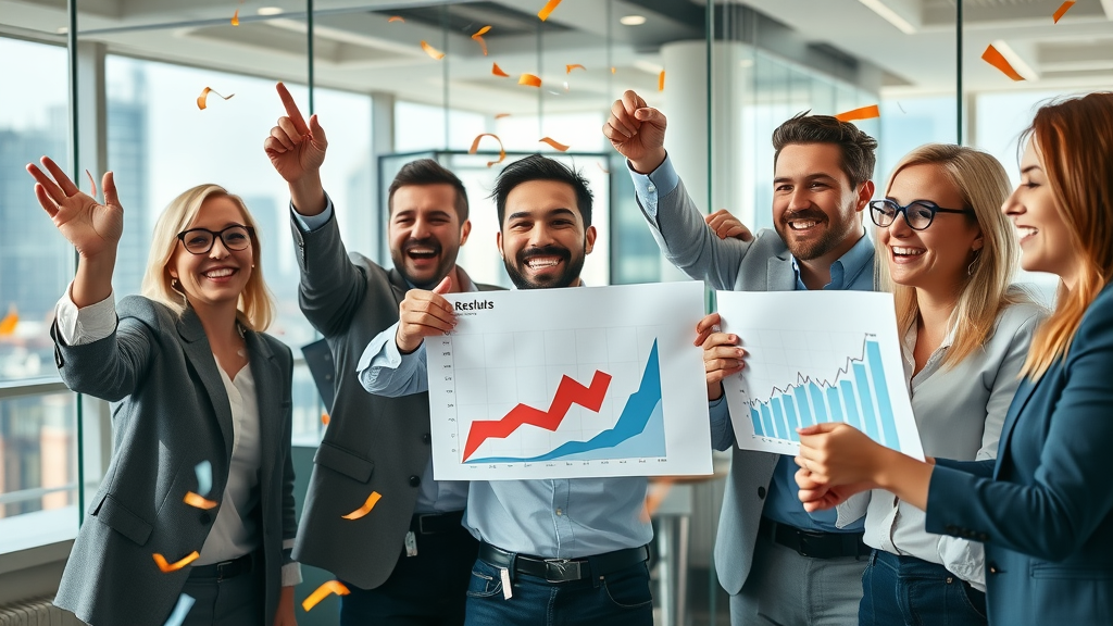excited business team celebrating measurable results after hiring a fractional chief marketing officer, viewing success charts in bright modern boardroom