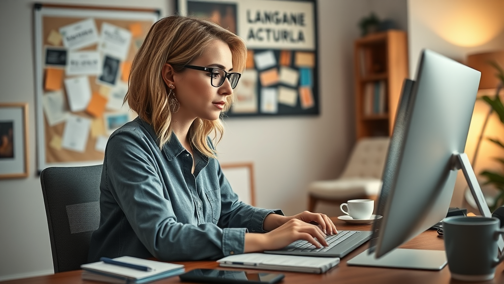 female marketer creating blog content for free website traffic in home office