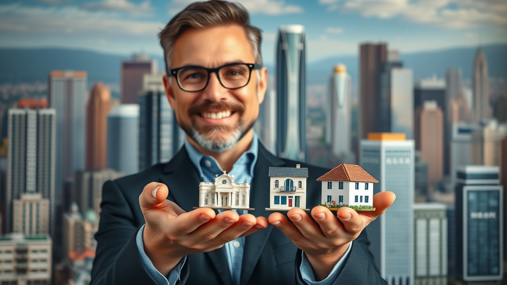 Confident real estate investor diversifying investment portfolio across residential, commercial, and REITs