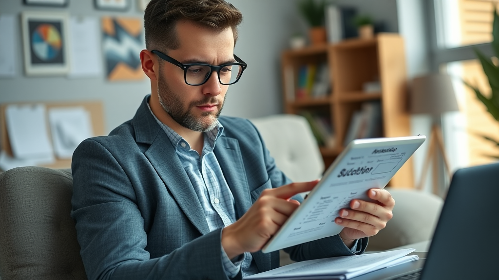 business owner reviewing digital budgeting plan in cozy home office