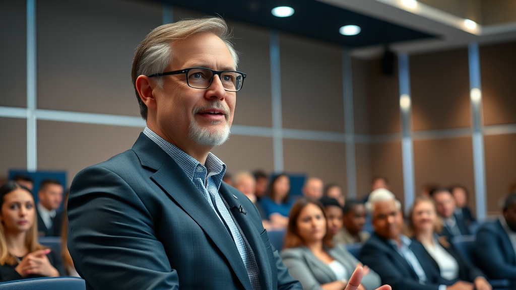 Executive leader addressing a diverse group about neuro-inclusive workplace initiatives in a modern auditorium, inclusive branding visible, demonstrating leadership commitment.