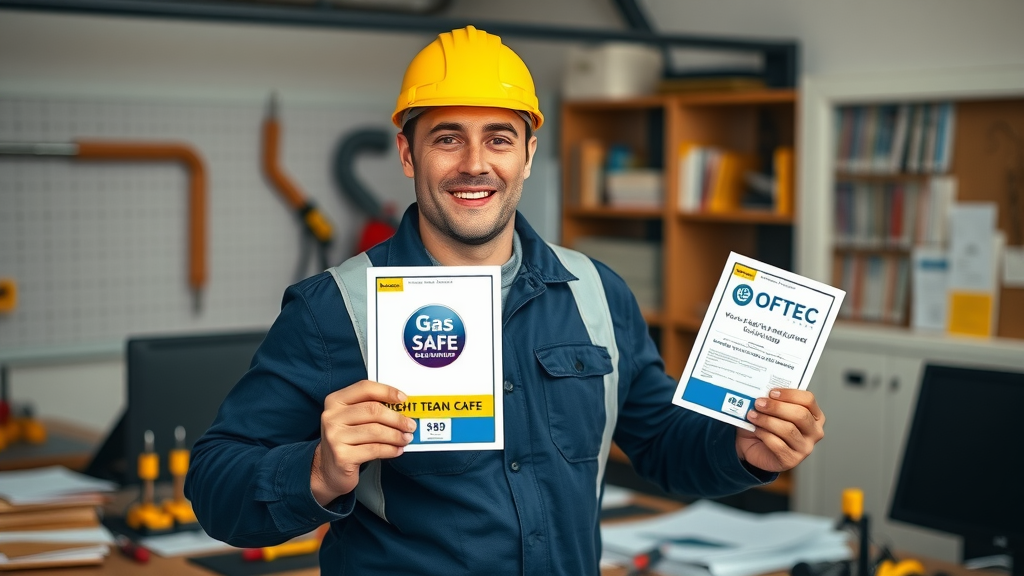 Licensed heating engineer displaying Gas Safe and OFTEC safety certifications