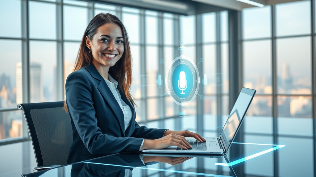 Businesswoman using VoiceGenie AI agents hologram in a modern office, boosting productivity