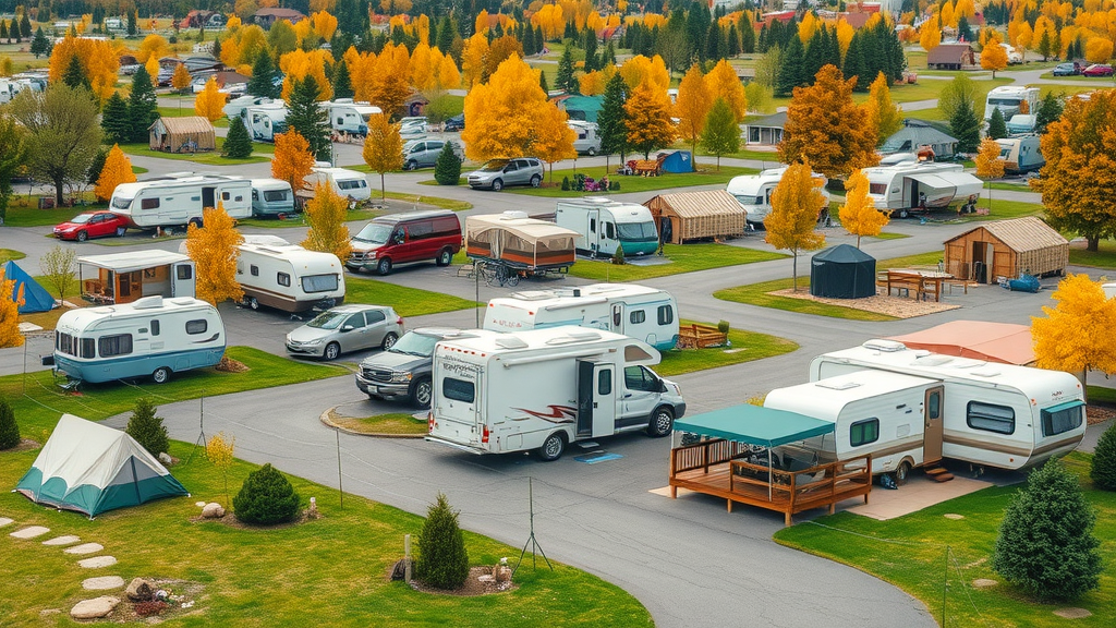 Maximizing RV park value with a diverse landscape featuring tents, vintage campers, motorhomes, and cabins
