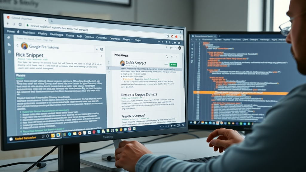 sleek web page showing schema markup for featured snippet, dual-screen developer setup, rich results displayed