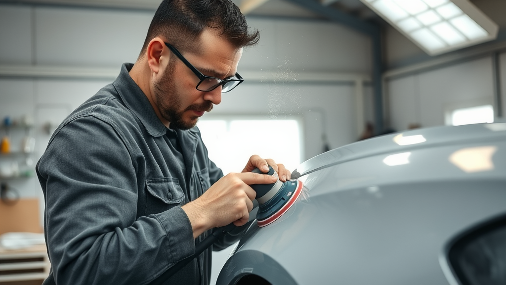 auto body professional sanding car fender, electric sander, detailed shop background, paint booth