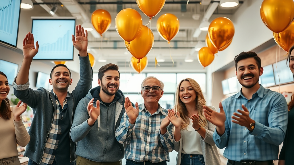 Successful local business team celebrating digital marketing growth