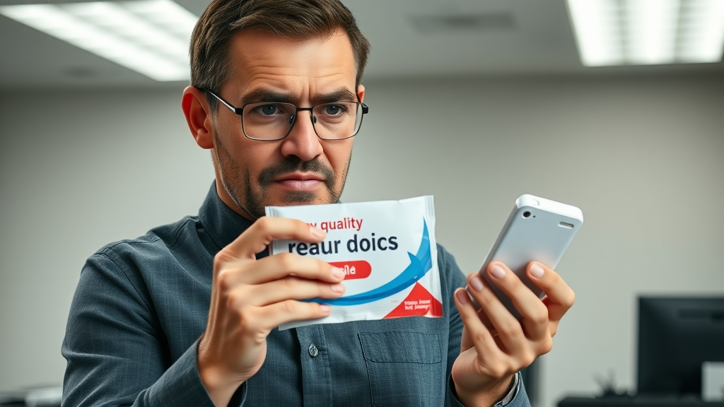 Disappointed recipient examining low-quality generic promotional product