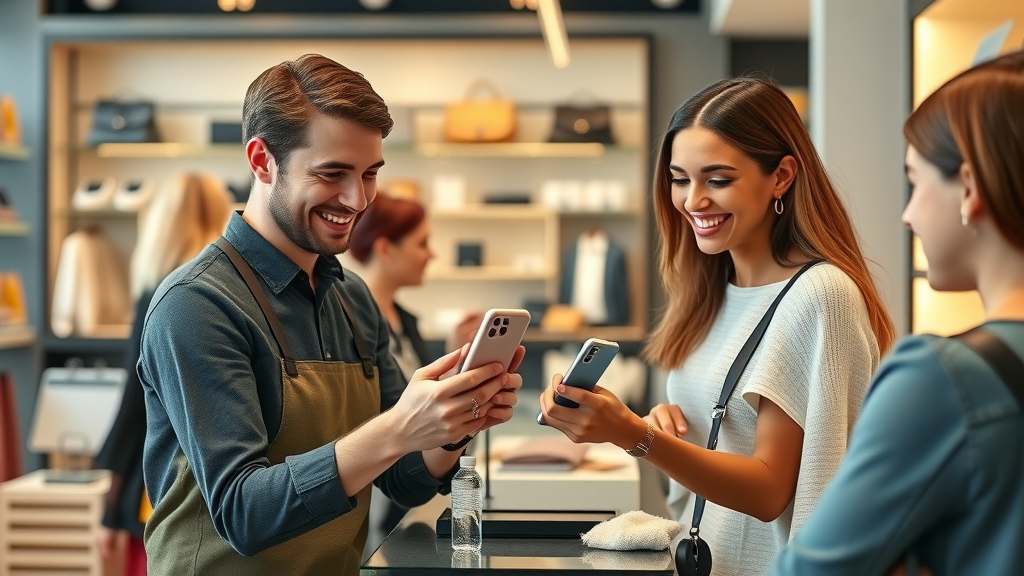customers using digital loyalty program to drive foot traffic to retail store, smiling at checkout, happy redemption moment