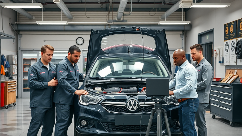 Team of certified technicians using technology in auto repair shop