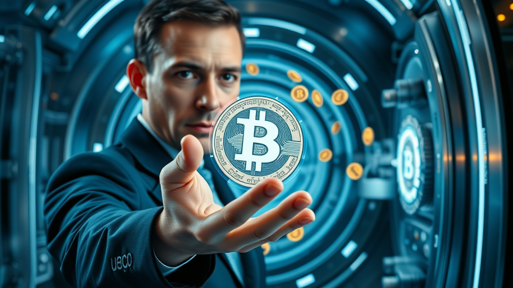 futuristic digital vault protecting floating crypto coins with biometric interface and holographic UI, representing crypto security