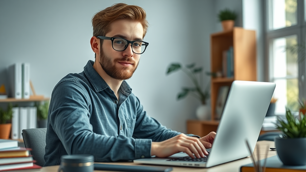 professional blogger at desk building authority through blogging, confident and professional