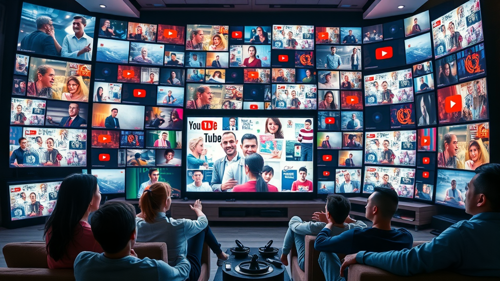 Vivid collage of trending YouTube video thumbnails and global events, emotional and impactful, viewers watching together, Futuristic Sci_Fi, living room with digital screens, highly detailed, dynamic scrolling animation effect, multi-color, glowing LED lighting, shot with a digital ultra-wide lens. YouTube video marketing campaign.