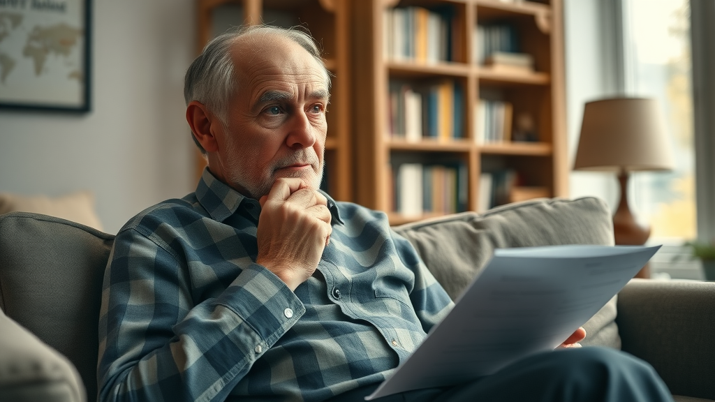 hecm for purchase senior man reviewing documents living room paperwork