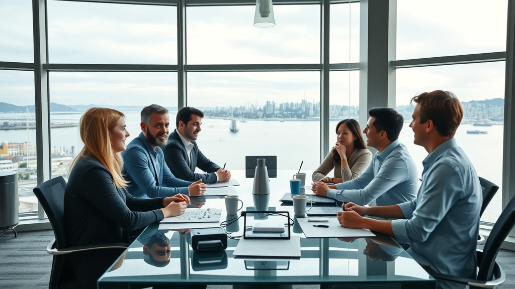 Community leaders advocate for economic growth in a modern Vancouver boardroom.