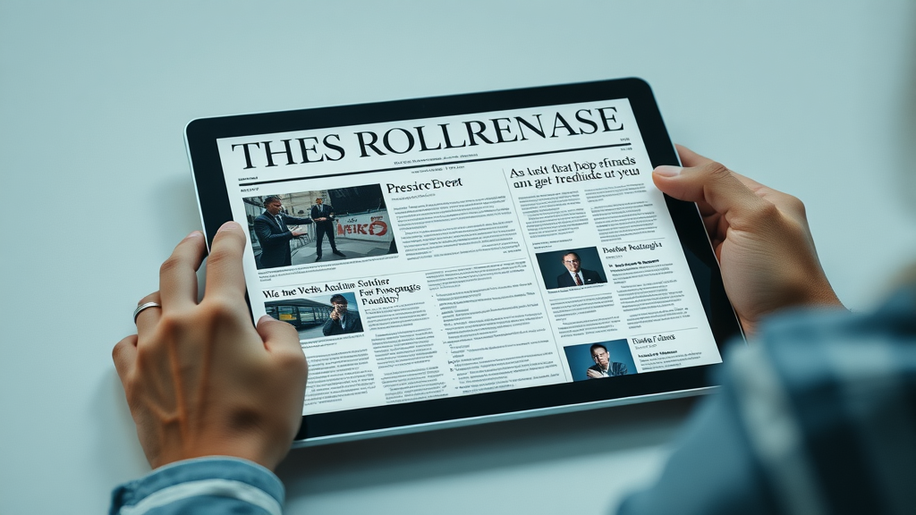 Press release sleek digital newspaper layout, displaying a featured event press release, digital tablet with an open press release article