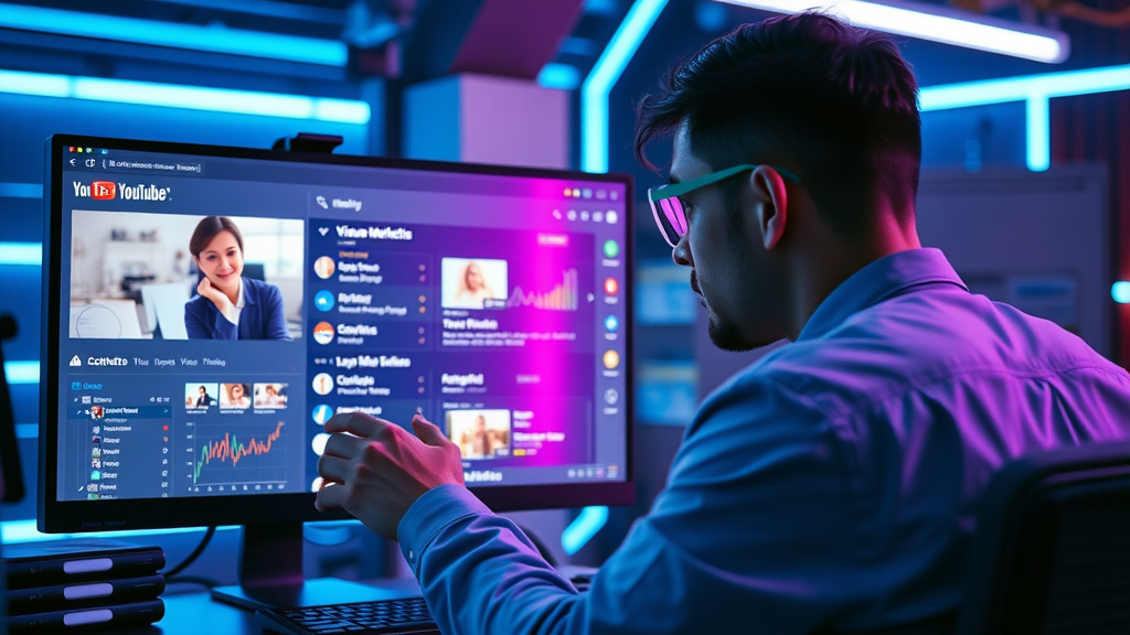 Digital marketer optimizing video metadata on social media platforms and search engines, glowing graphs and dashboards, workflow for content creation
