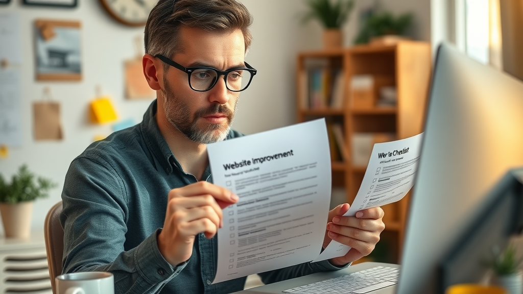 Homeowner using a printed checklist for website improvement, planning for local SEO and engagement