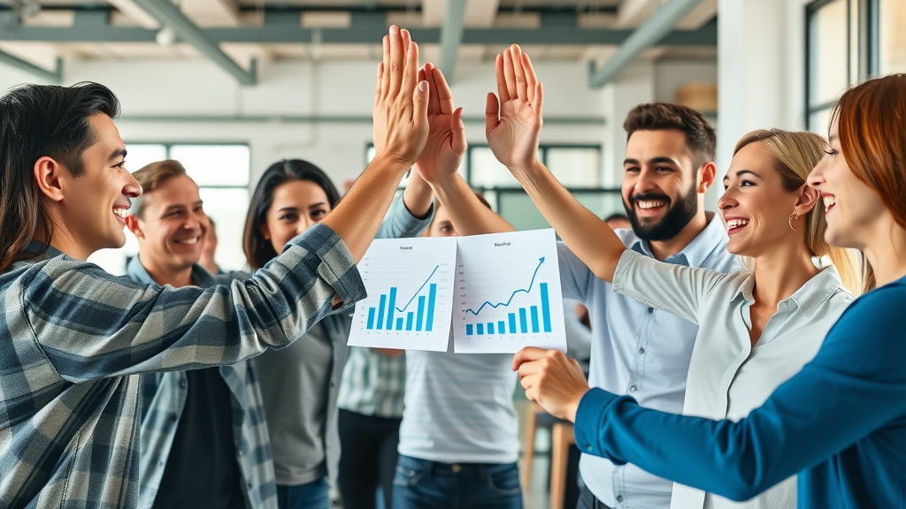 Marketing team celebrating improved rankings after optimizing keyword research with advanced research tools