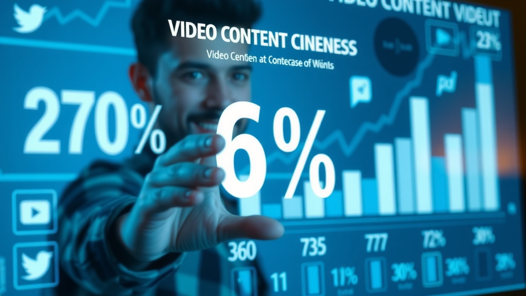 Infographic displaying video content effectiveness statistics, animated percentage bars indicating trends in online video engagement and reach, social media icons