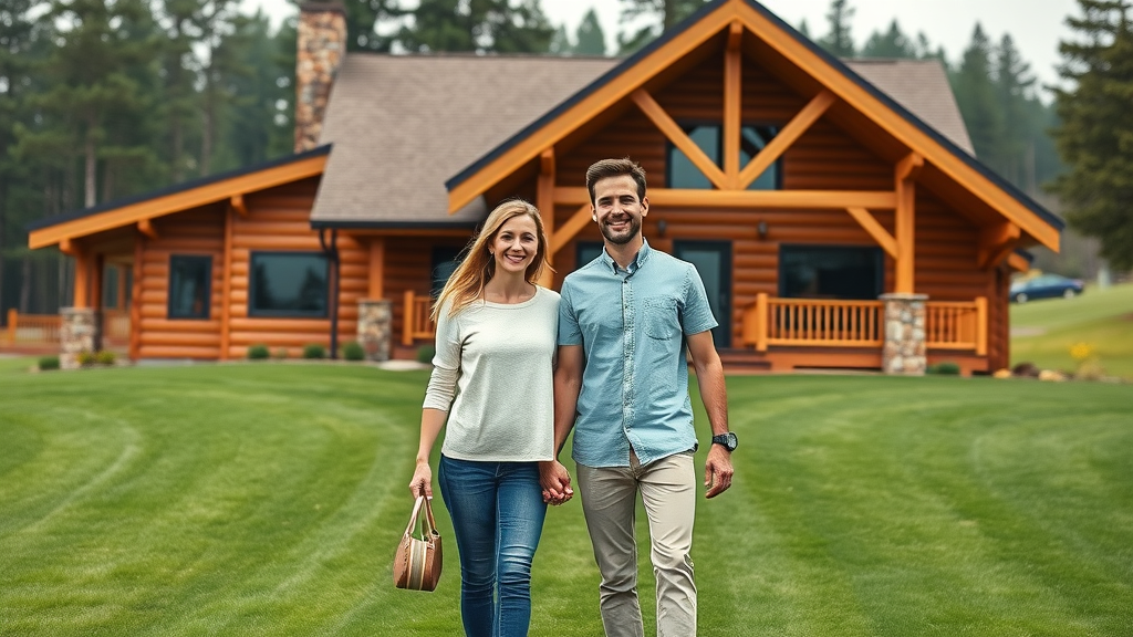 happy couple in front of their log home, success stories, living in a log home lifestyle benefits
